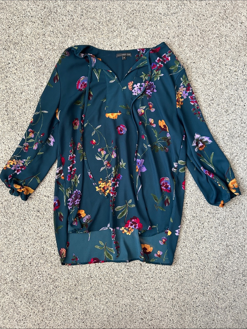 West Kei Teal Floral Long-Sleeve Tie-Neck Blouse